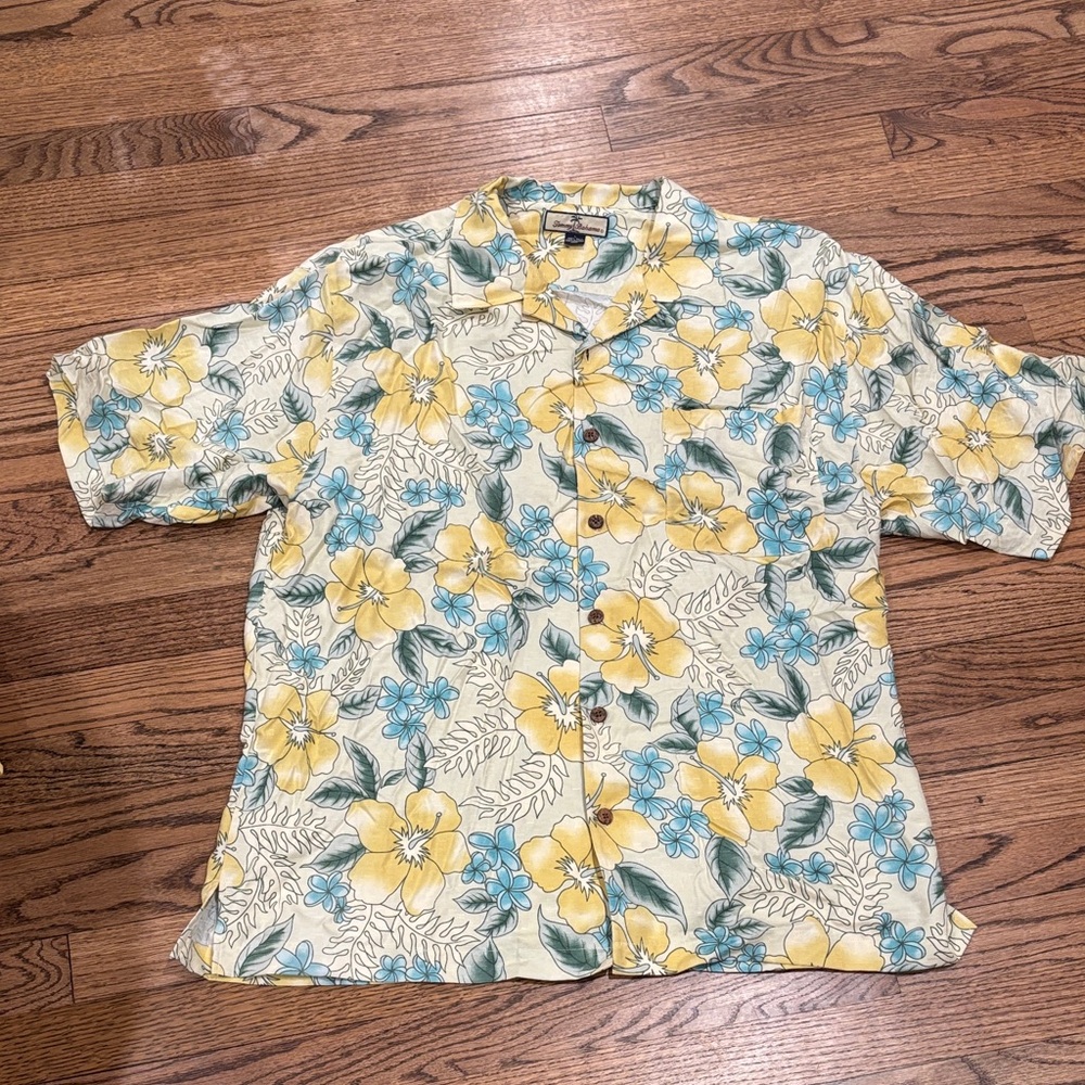 Tommy Bahama Silk Yellow & Blue Floral Camp Shirt Large